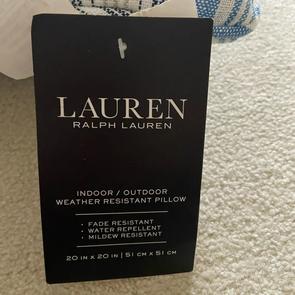 Ralph Lauren Weather Resistant pillow case 20x20 NWT blue/white stripes